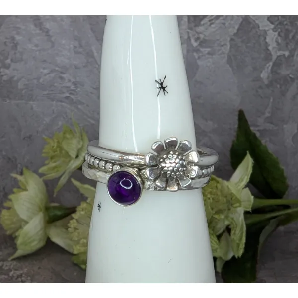 Sterling silver amethyst cabochon stacker ring deep purple gem